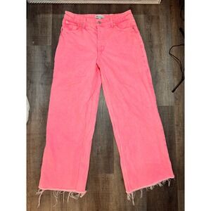 Zara The Boogie Pant Neon Pink Wide Leg High Rise Raw Hem Jeans Womens Size 6